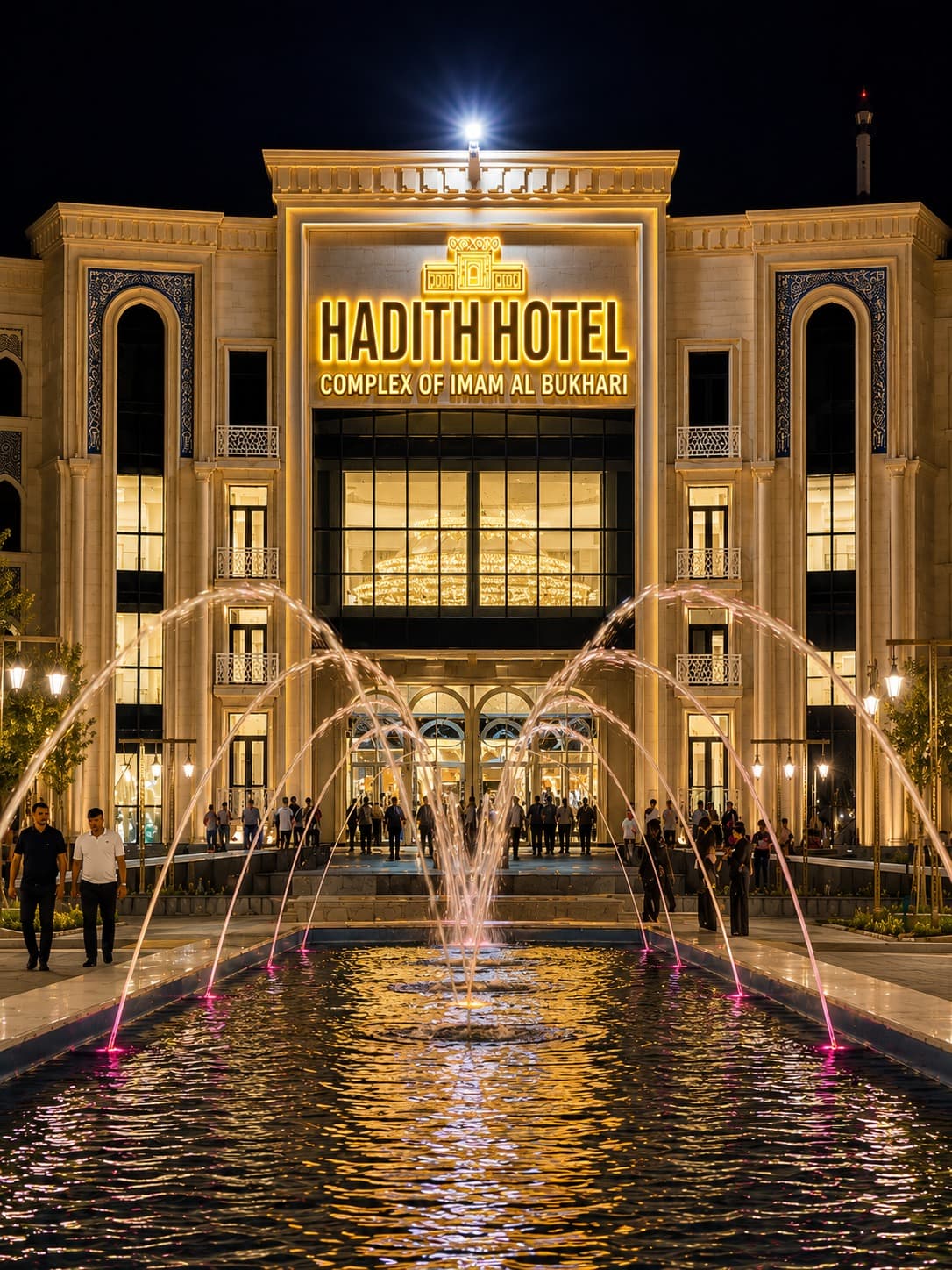 Hadith Hotel's illuminated facade at night above its fountains, within the Imam Al Bukhari Complex, Samarkand