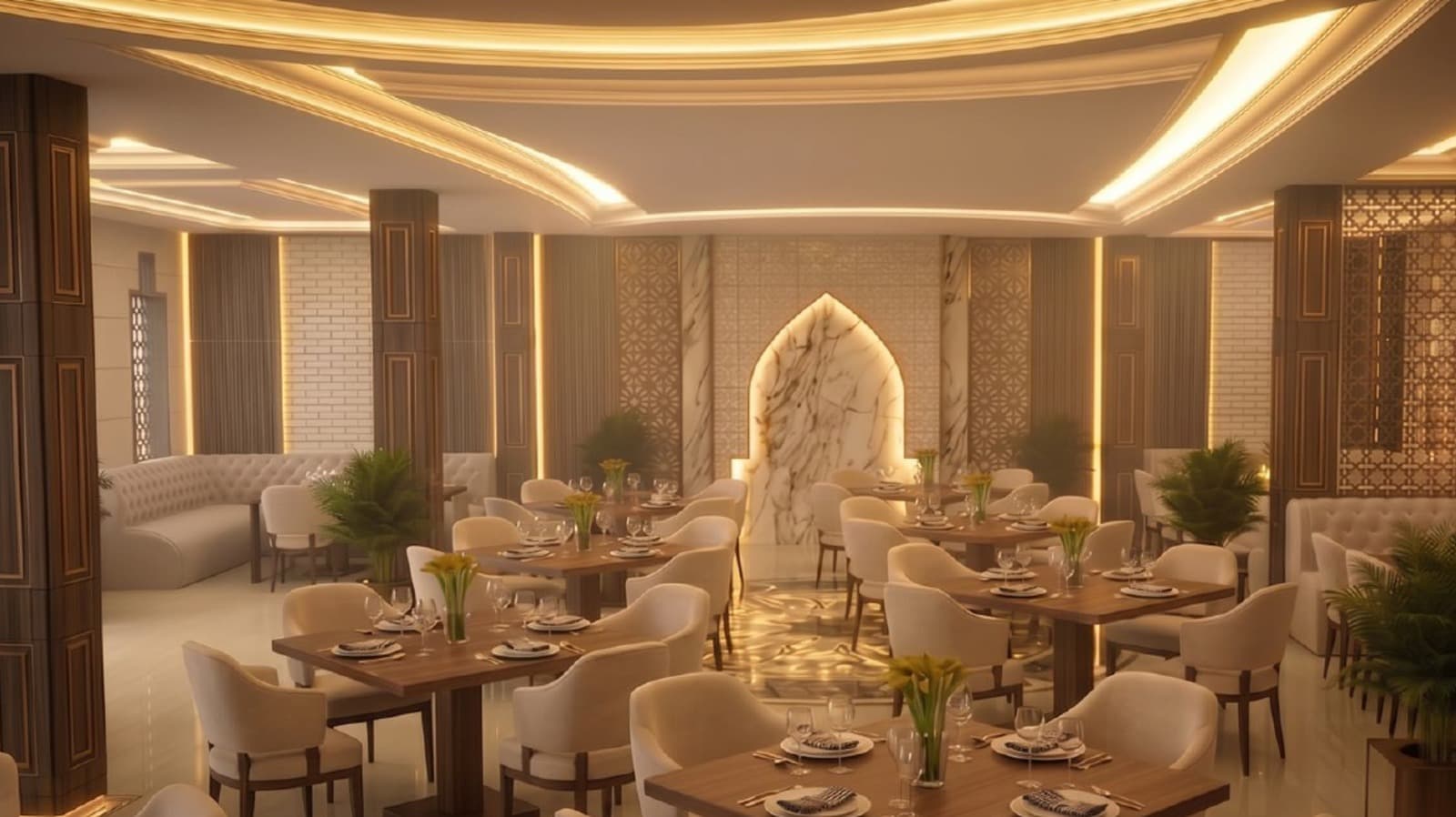 The dining hall at Hadith Hotel, set with elegant tables and floral centerpieces