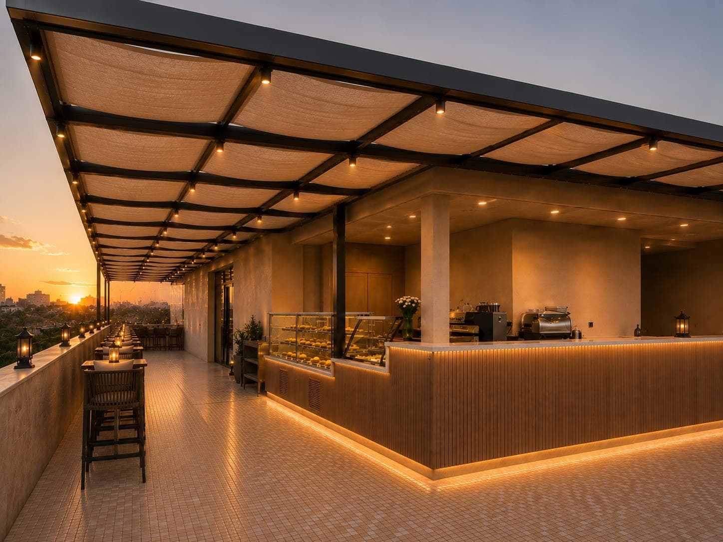 Rooftop balcony and bar at Mecca Boutique Hotel at sunset, Tashkent