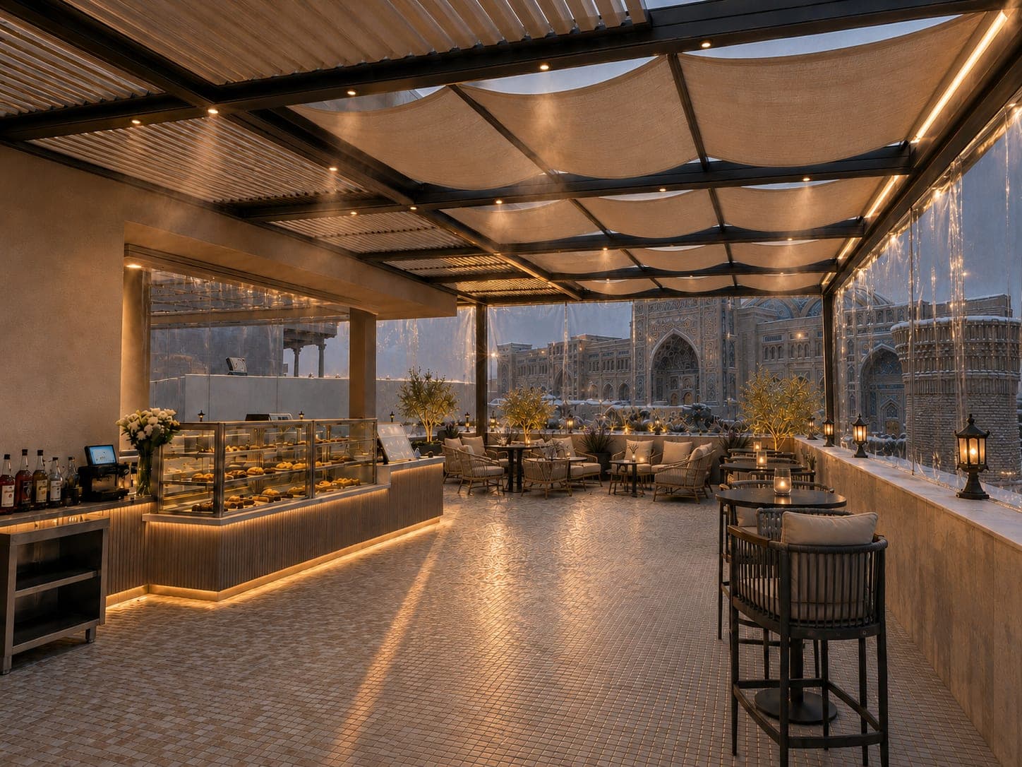 The rooftop café at Mecca overlooking the Centre of Islamic Civilization