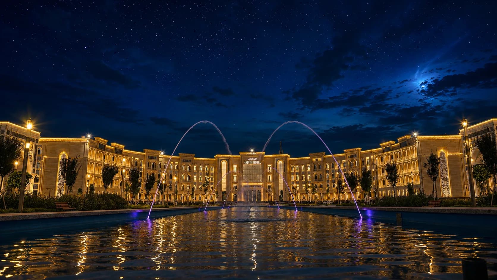 Hadith Hotel illuminated at night and reflected in its pool, Samarkand