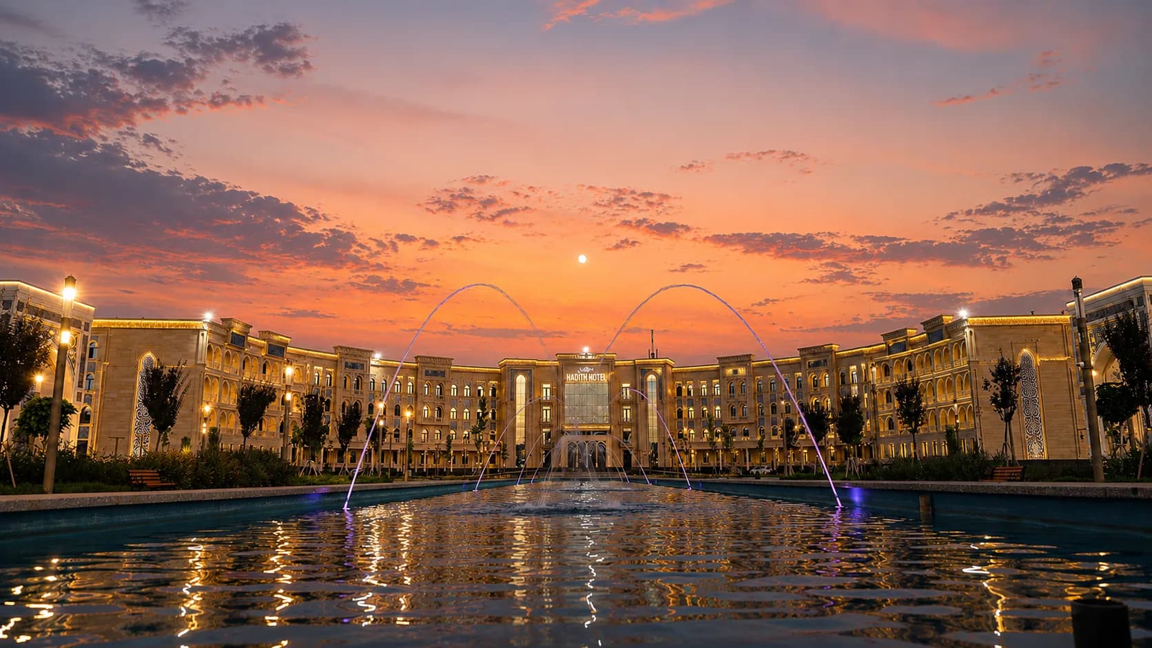 Hadith Hotel at golden hour, mirrored in its reflecting pool, Samarkand