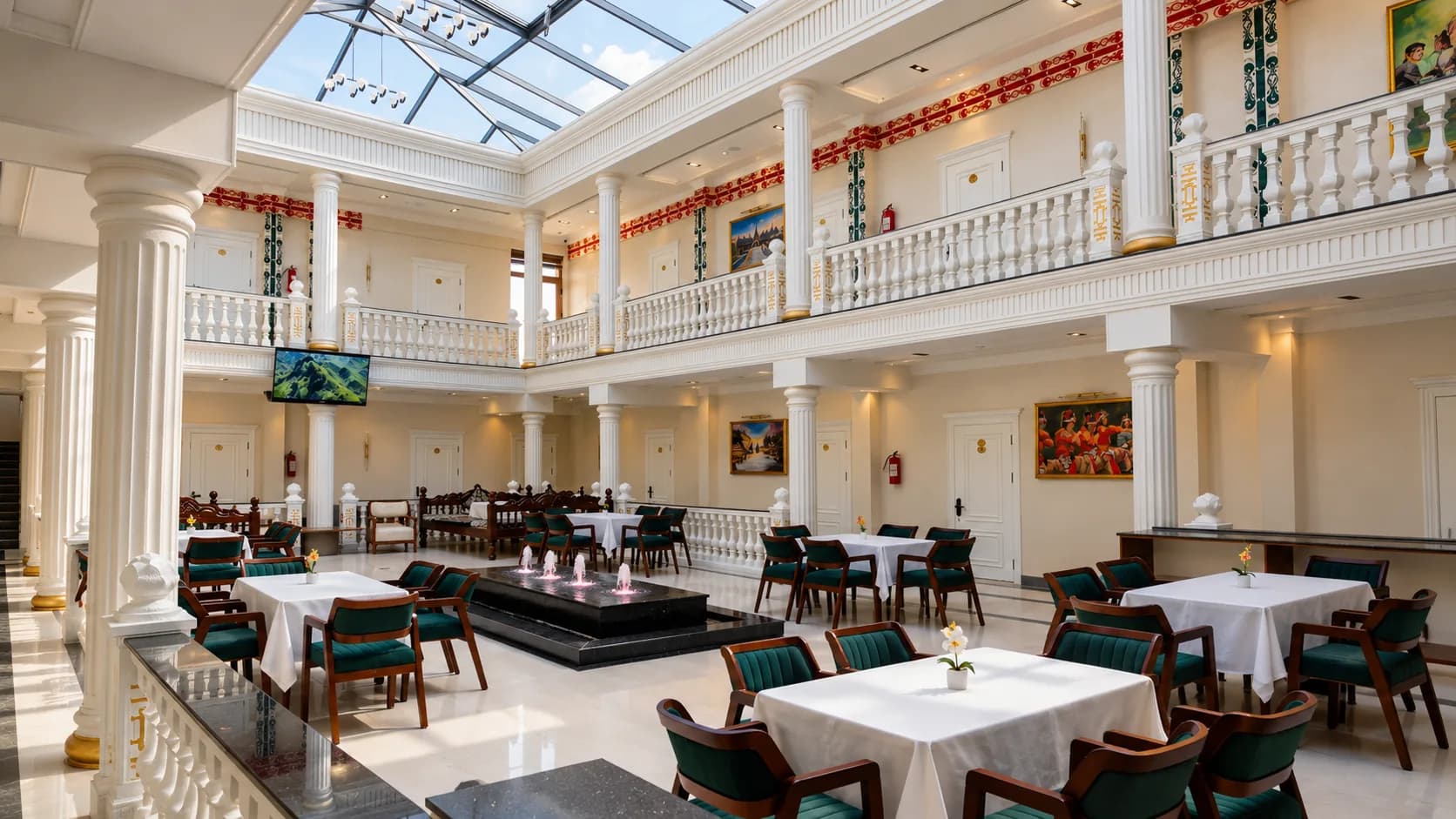 Dining atrium at Hotel Kampoeng Indonesia beneath a glass roof, Samarkand