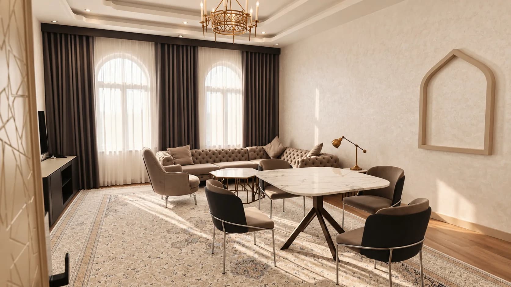 Private dining room with a round table, upholstered chairs, and chandelier lighting.
