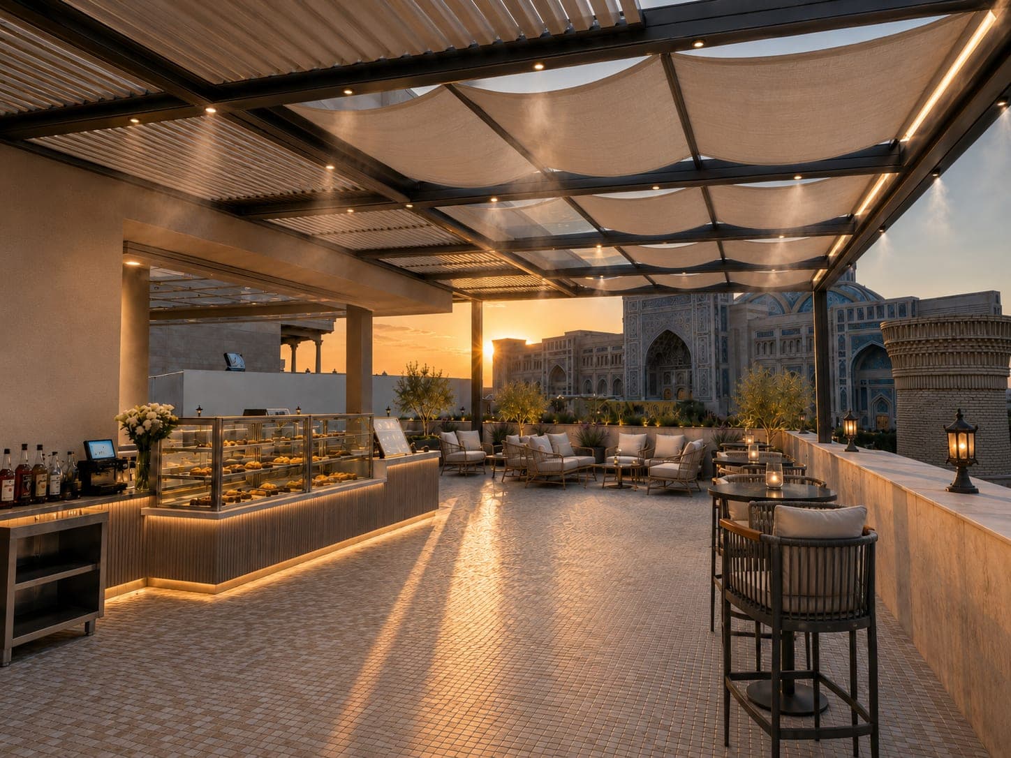 7OZ Espresso rooftop café at sunset, overlooking Tashkent's Islamic Civilization Centre